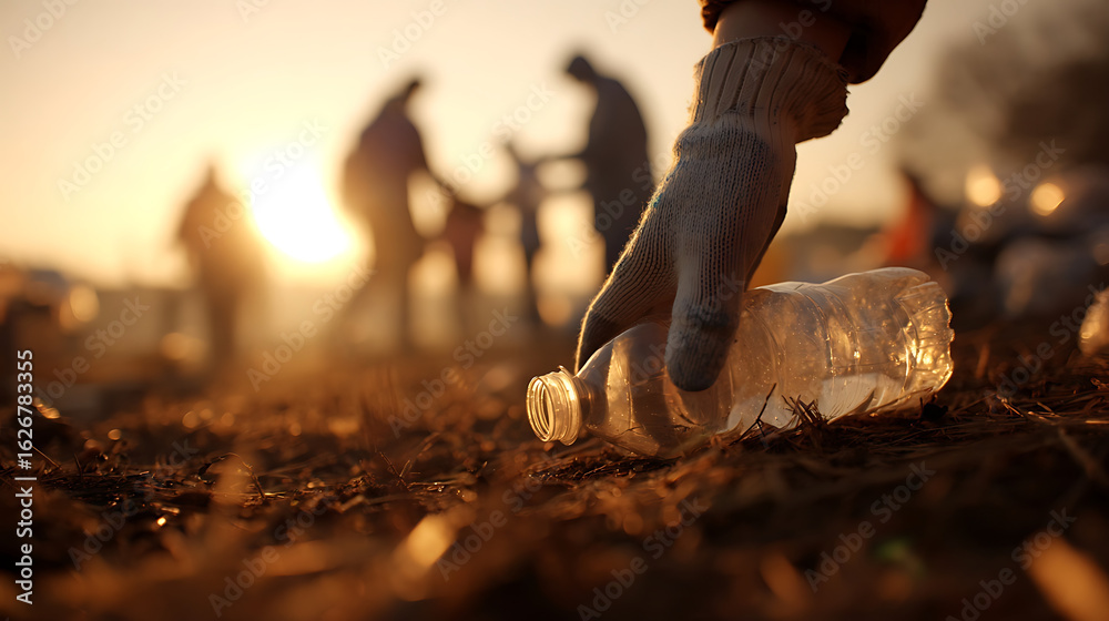 Obraz premium Hand wearing glove picking up plastic bottle during sunset image