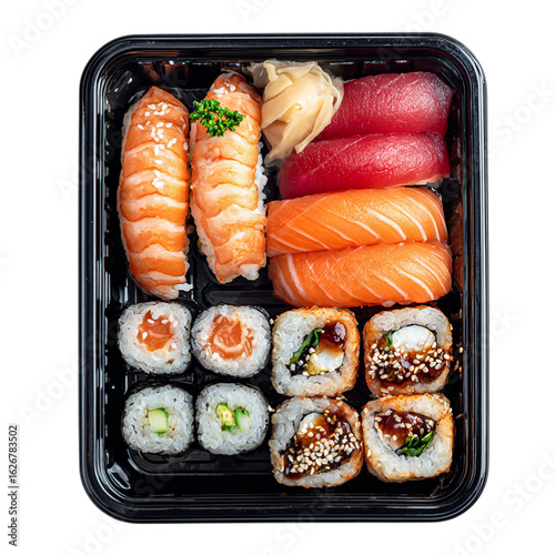 Wallpaper Mural Variety of sushi in plain black plastic top view on transparent background Torontodigital.ca