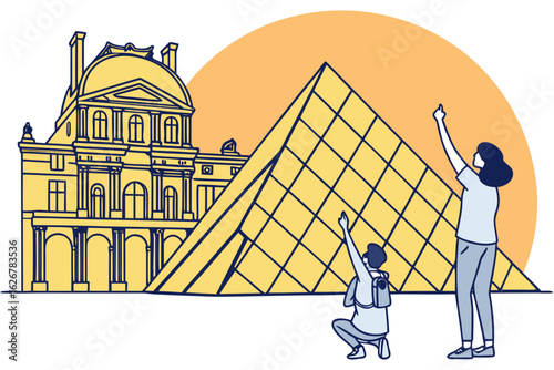 Joyful tourists gather in front of the Louvre Pyramid at sunset, reflecting golden light against the famous museum's classical façade, modern flat illustration style.