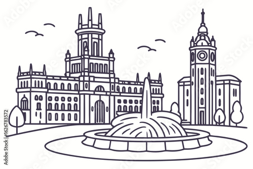 Madrid’s famous Cibeles Fountain shimmers in a central plaza surrounded by ornate buildings, acting as a symbol of the Spanish capital, modern flat illustration style.