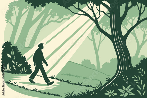 Man strolls down a peaceful forest path as beams of sunlight break through the canopy above him, modern flat illustration style.