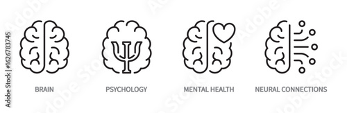 Brain line icon set. Psychology, mental health, neural connections symbol. Vector illustration. Flat design. Editable stroke. Isolated on a white background.