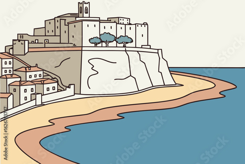 Peñíscola offers sweeping sea views from the heights of Pope Luna’s Castle, a medieval gem nestled above the Mediterranean on Spain’s eastern coast, modern flat illustration style.