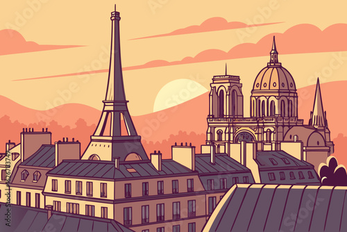 Radiant cityscape of Paris at sunset, where warm tones blanket the rooftops and iconic monuments dot the skyline, modern flat illustration style.