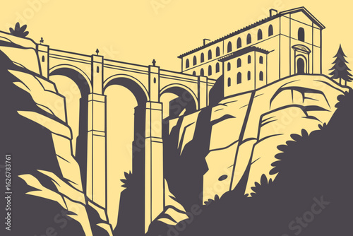 Ronda’s historic town divides dramatically across a gorge, its stone bridge linking white buildings perched on rocky cliffs in Andalusia, modern flat illustration style.