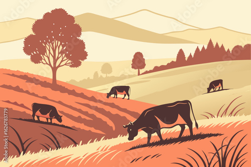 Red and black cows graze peacefully on a misty morning field in Switzerland, dew clinging to the autumn grass, modern flat illustration style.