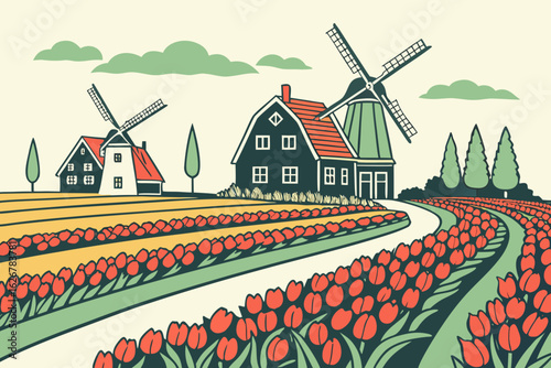 Rows of vibrant tulips bloom under a sunny sky in Zaanse Schans near charming Dutch windmills and cottages, modern flat illustration style.