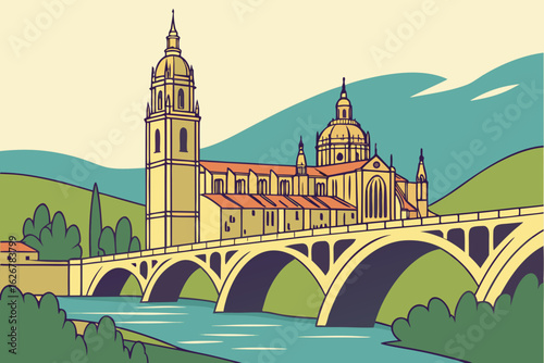 Salamanca’s grand cathedral and Roman bridge span the Tormes River, standing tall as monuments to Spain’s architectural legacy, modern flat illustration style.