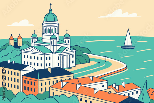 The cityscape of Helsinki, Finland, stands proud with its coastal charm, historic buildings, and crisp northern air, modern flat illustration style.
