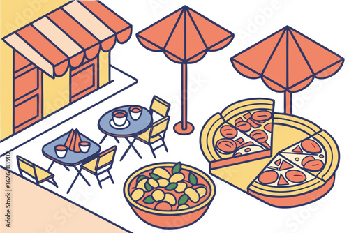 Tapas plates showcase Spanish culinary favorites, from jamón and olives to patatas bravas and manchego cheese, all served in vibrant street cafés, modern flat illustration style.