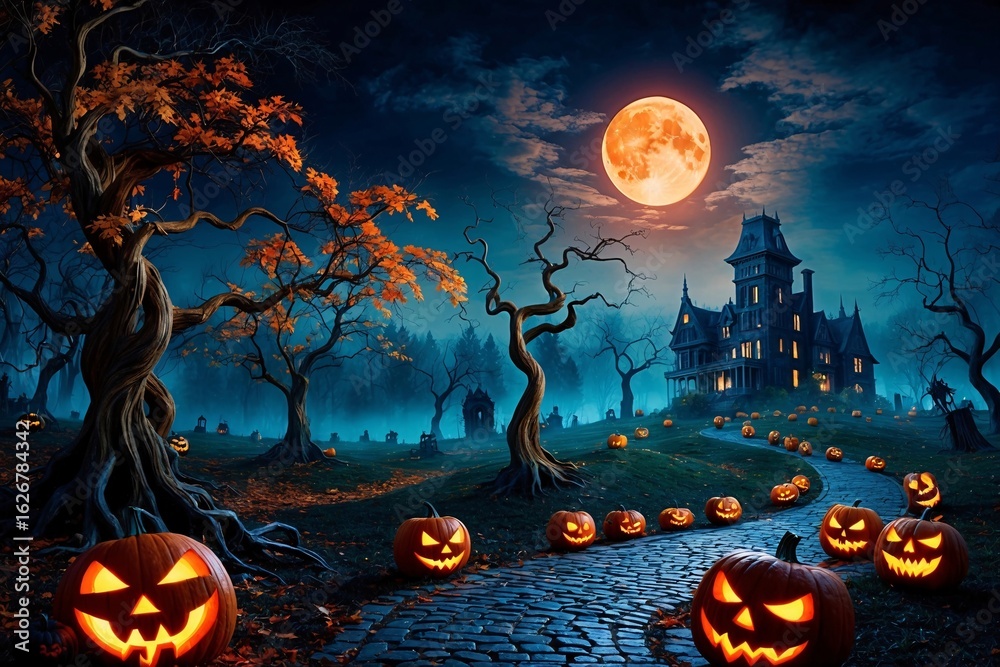 Fototapeta premium Halloween Night Landscape Wallpaper, spooky Halloween night Scenery, Halloween landscape, Halloween wallpaper, Halloween background, Halloween scary night
