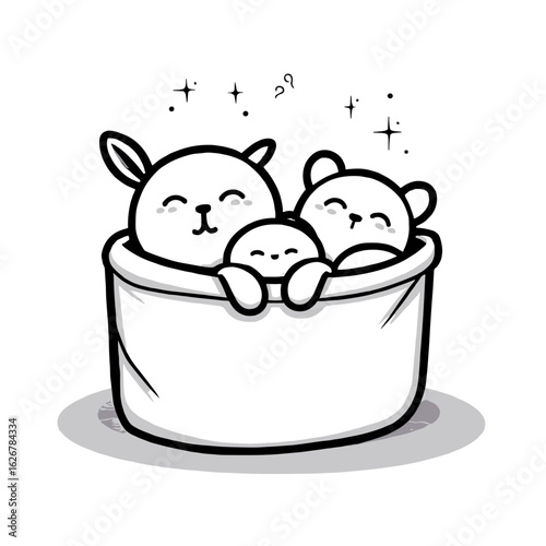 Three adorable cartoon animals cuddling together in a cozy basket