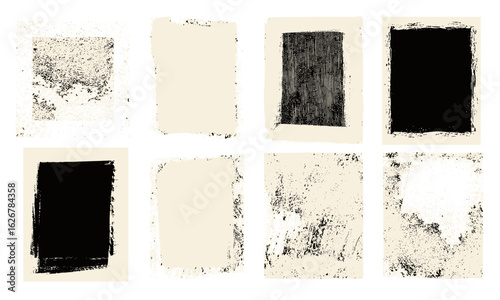 Vintage geometric grunge textures with rough relief printing, lino ink stains, black distressed rectangular shapes, uneven edges, paint roller effects, hand-printed overlay