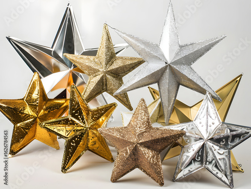 Metallic gold and silver 3D stars for Christmas decoration
