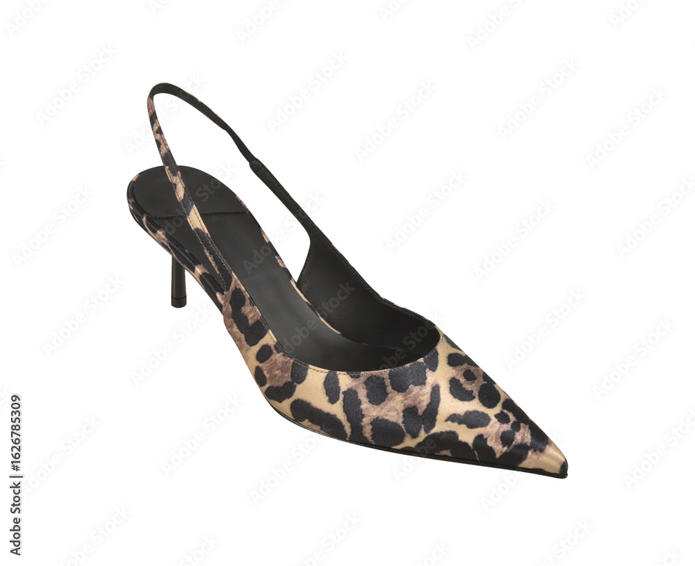 Obraz premium Women Stylish Leopard Print high heel stiletto shoe with white background, This fashion-forward women’s footwear features a pointed toe and ultra-thin heel.