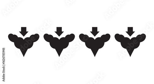 Four abstract shapes with downward arrows above them silhouette
