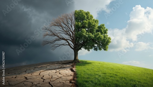 Split image shows lone tree on hill, half with green leaves under sunny blue sky, half bare branches under dark stormy sky. Cracked dry earth contrasts with green grass, representing climate change