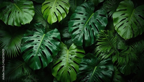 Rich green monstera leaves with water droplets create vibrant, textured background. Tropical foliage, including palm fronds, fills frame, offering fresh, natural aesthetic perfect for botanical decor