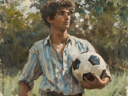 Painted Portrait of Man Holding Soccer Ball Outdoors