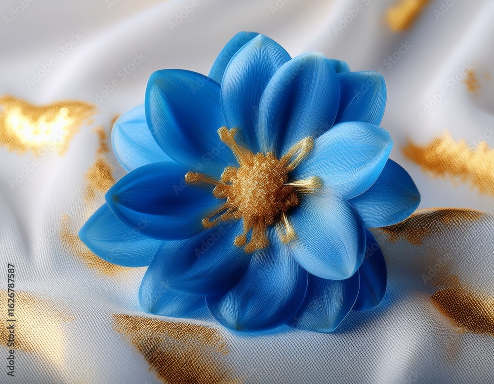 Obraz premium a blue flower on a white tablecloth with golden highlights on the petal edges