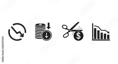 Financial crisis icons representing decline and loss silhouette