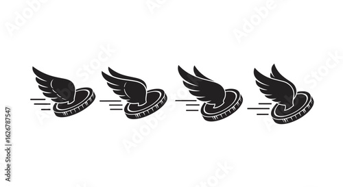 Four winged coins in motion silhouette