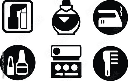 Cosmetic and beauty icon set showing lipstick perfume iron nailpolish palette comb tools