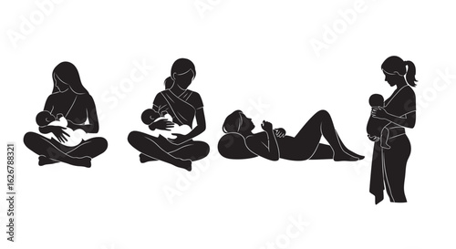 Motherhood and baby care diverse poses silhouette