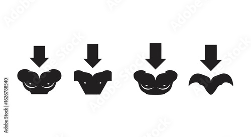 Four abstract black silhouettes with downward pointing arrows silhouette