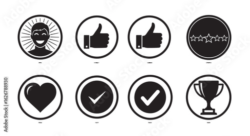 Collection of positive feedback icons including happy face thumbs up stars checkmarks heart and trophy silhouette