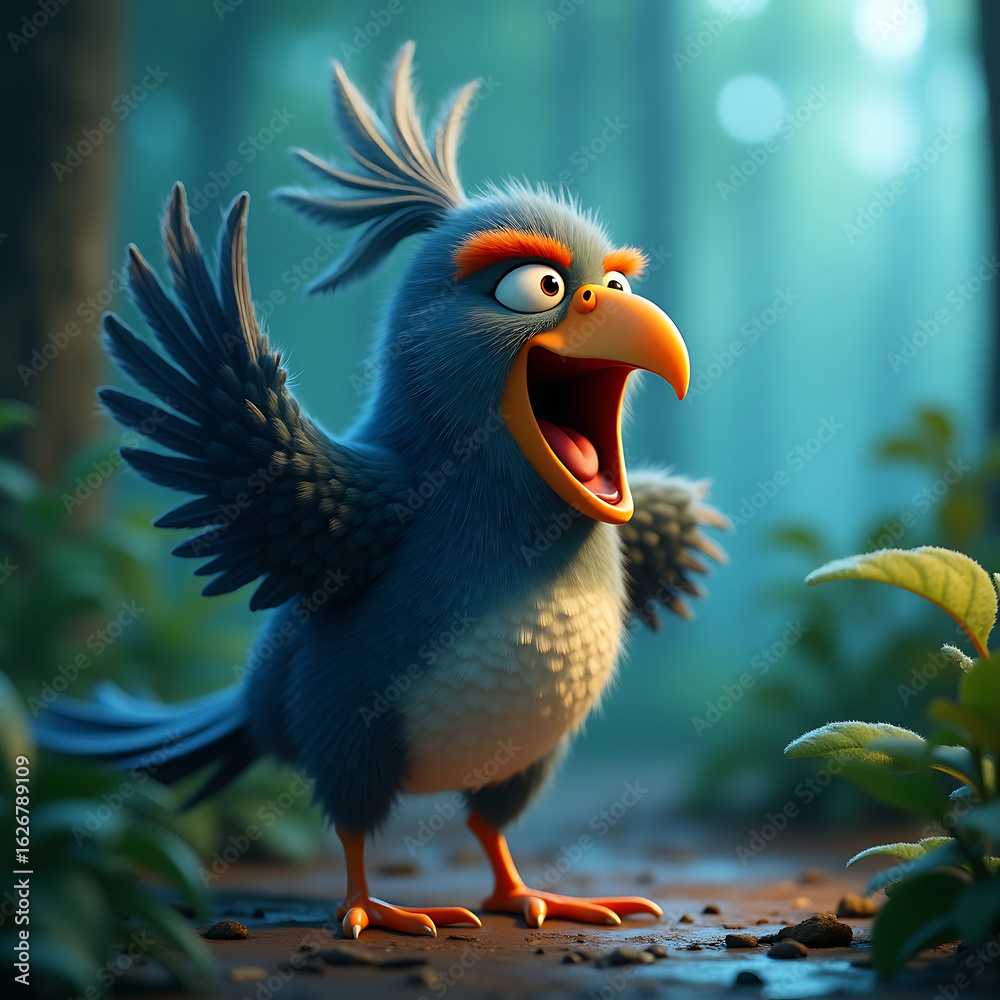Obraz premium Cartoon Blue Bird with Wide Eyes and Open Beak in a Forest Setting cartoon bird funny bird
