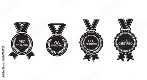 Four pec approved and certified medals or badges silhouette