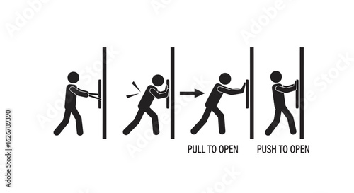 Man demonstrating pull to open and push to open door actions silhouette