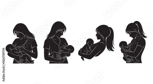 Four mother and baby breastfeeding silhouettes silhouette