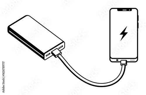 Black icon of smartphone charging from power bank with cable connection