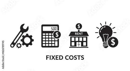 Business fixed costs icons including tools calculator rent and light bulb silhouette