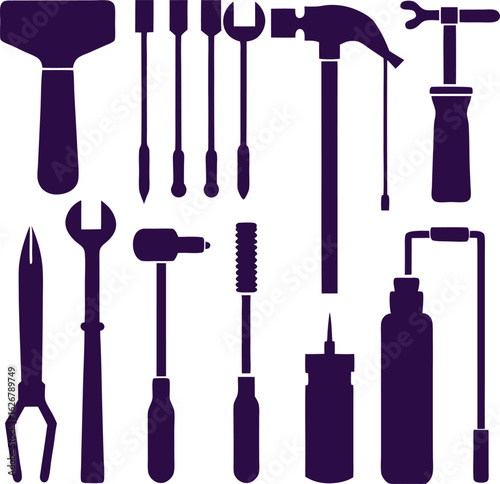 Collection of various tools silhouette isolated on white background