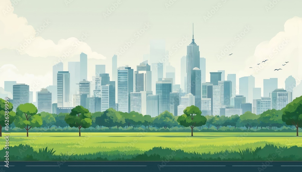 Fototapeta premium Visual illustration of modern city skyline with numerous skyscrapers. Rich green park with trees borders foreground, and road runs along bottom edge. Birds fly in hazy sky above cityscape.