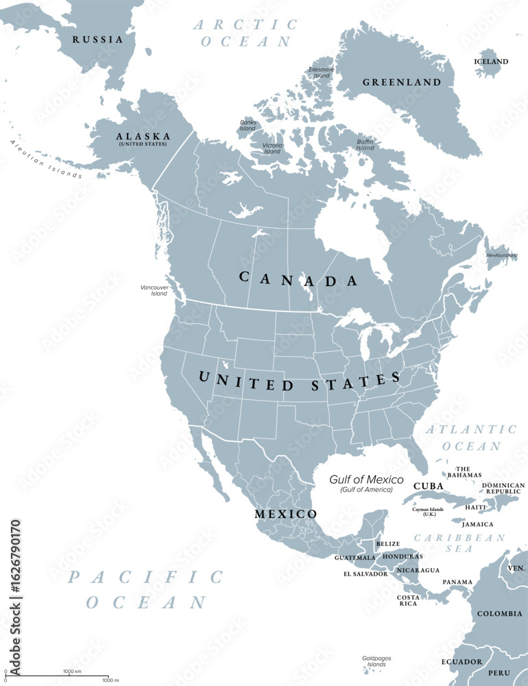 Fototapeta premium North America, gray political map with borders of the states, provinces and territories of Canada, USA and Mexico. Continent bordered by South America, Caribbean Sea, Arctic, Atlantic and the Pacific.