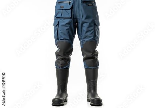 Durable blue fishing chest waders with integrated boots and multiple cargo pockets, isolated on a clean white background.