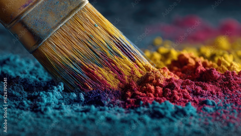 Fototapeta premium Close-up of paintbrush dipping into vibrant, powdered pigments