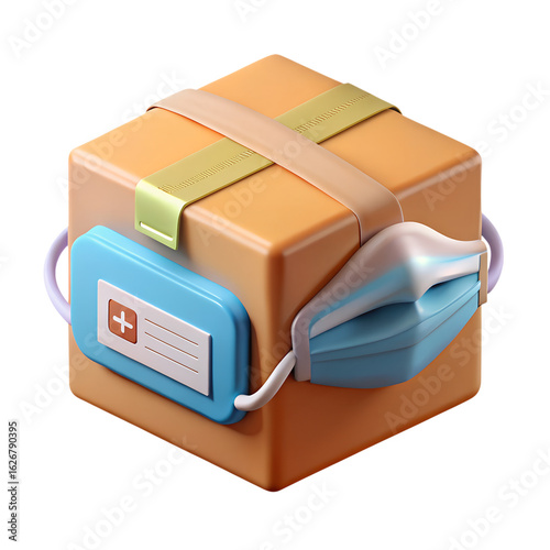 3d icon of medical package with mask isolated on transparent background for healthcare delivery