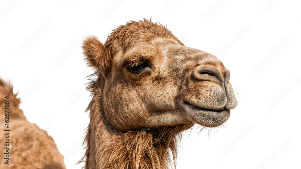 Obraz premium Closeup portrait of dromedary camel with brown fur on the transparent background, desert mammal animal face detail