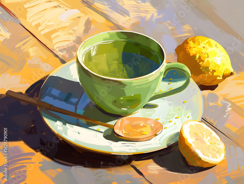 Artistic Lemon Tea with Green Cup