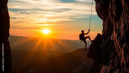 Sunrise silhouettes athlete bouldering, rappelling rocky cliff, extreme sport, descent
