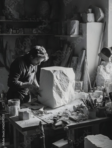 Artisan at Work: A skilled artisan meticulously sculpts a stone, surrounded by the tools of their craft and the soft glow of natural light, in a studio setting.