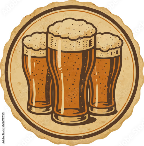 A vintage-style circular illustration featuring three frothy beer mugs, framed with a decorative scalloped border.