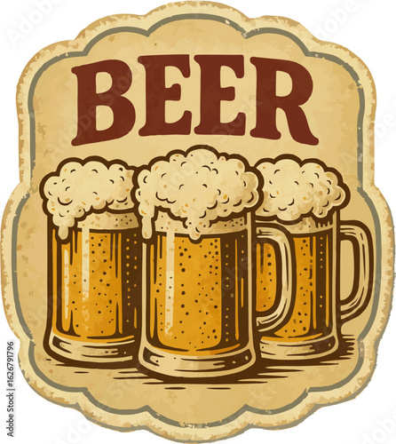A vintage-style circular illustration featuring three frothy beer mugs, framed with a decorative scalloped border.