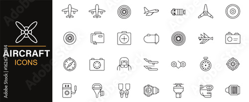 Set of line art aviation icons representing various airplane components