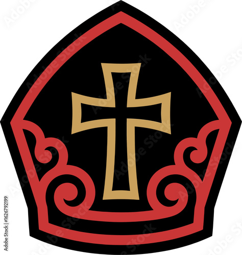 Minimalist Black and Gold Bishop Mitre Vector with Stylized Cross – Modern Religious Headwear Illustration